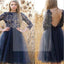 Navy Blue Lace Homecoming Dress, Sexy Backless Long Sleeve Tulle Homecoming Dresses