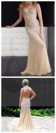 Sparkle Rhinestone Open Back Prom Dresses, Popular Sexy Mermaid Prom Dresses