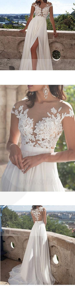 A-Line White Lace With Appliques, Side Slit Sexy Wedding Dresses, WD0124