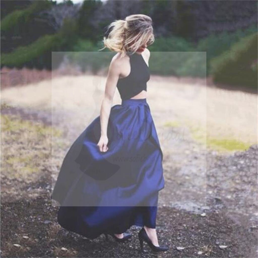 Two Pieces Sexy A-Line Navy Satin Prom Dresses, Cheap Custom Prom Dress