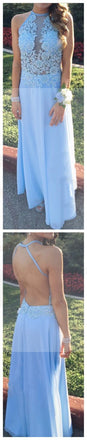 Simple Cheap Chiffon Lace Open Back Blue Long Prom Dresses, PD0070