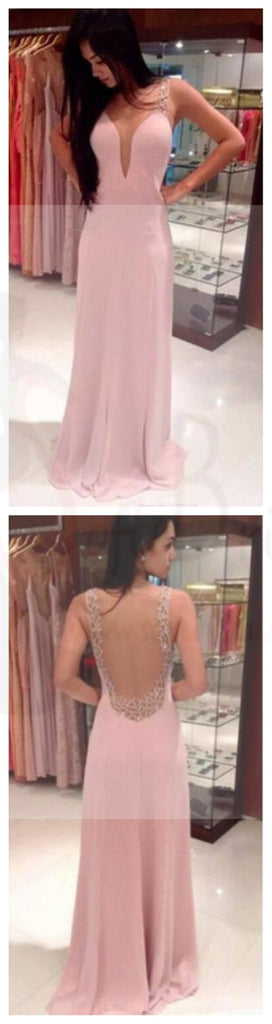 Pretty Pink V-Neck Backless Long Prom Dresses,Party Prom Dresses,Graduation Dress