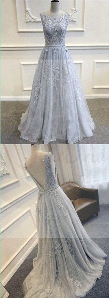 Gray V-Back Scoop Tulle With Lace Appliques Party Evening Prom Dresses,PD0083