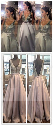 Charming V-Neck Sexy Sequin Top Satin Long A-line Prom Dresses, PD0095