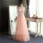 Pink Lace Long A-Line Scoop Tulle Prom Dresses, Cheap Simple Prom Dress