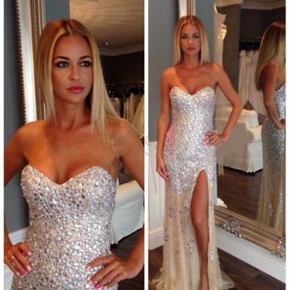 Sexy Sweetheart Rhinestone Prom Dresses, Side Slit Mermaid Prom Dresses