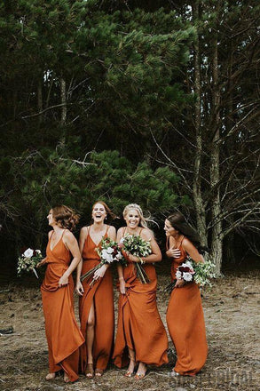Spaghetti Straps V-neck Simple Long Bridesmaid Dresses With Split, BD1045