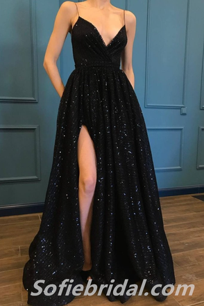 Sexy Sequin Spaghetti Straps V-Neck Side Slit Mermaid Long Prom Dresses,SFPD0251