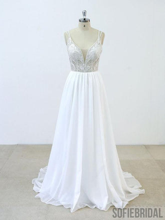 Spaghetti Straps Lace Beaded Cheap Beach Wedding Dresses Online, WD377