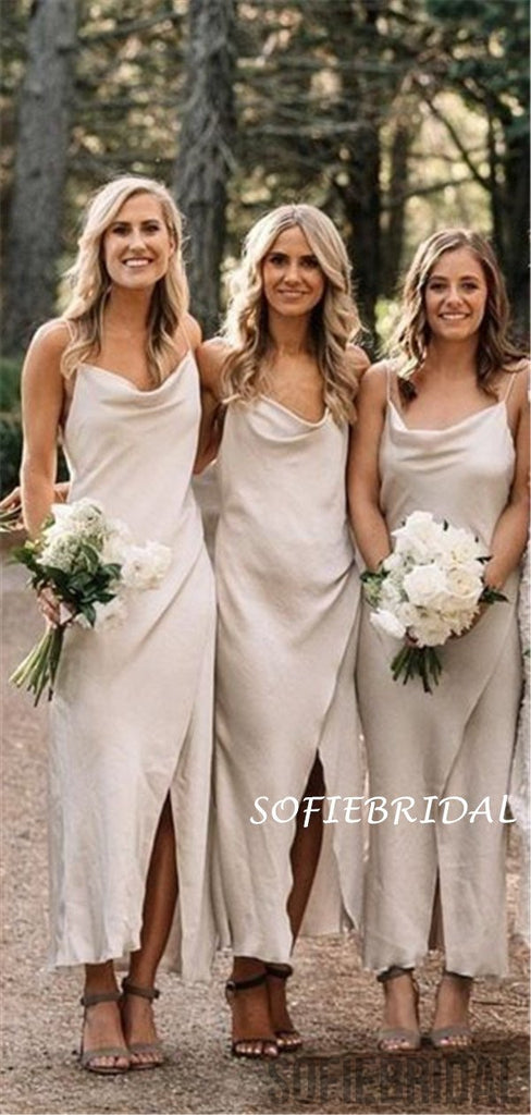 Sheath Spaghetti Straps Ankle-length Bridesmaid Dresses With Split, BD1069