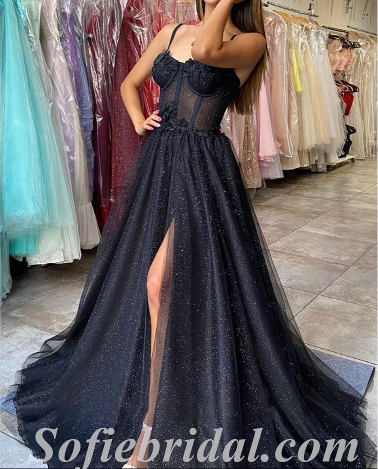 Sexy Black Sequin Tulle Spaghetti Straps Sleeveless Side Slit A-Line Long Prom Dresses With Applique,SFPD0558