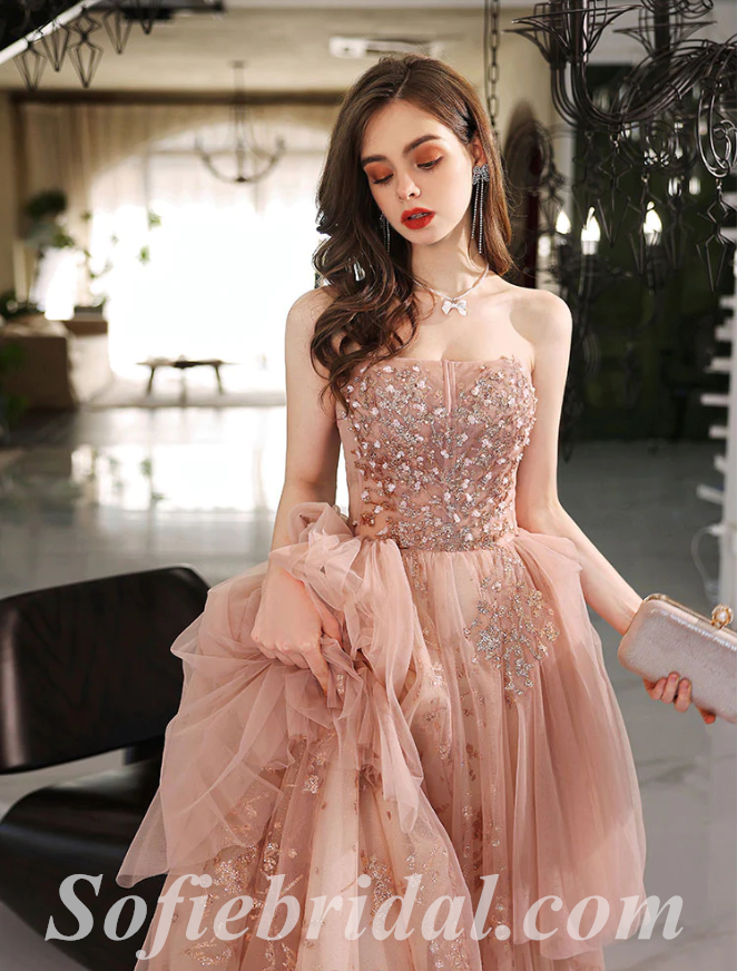 Gorgeous Tulle Sweetheart Sleeveless A-Line Long Prom Dresses/Ball Gown With Applique And Beading,SFPD0517