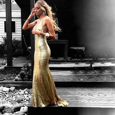 Gold Sequin Mermaid Prom Dresses, Backless Prom Dresses, Simple Prom Dresses, Long Prom Dresses, PD0407