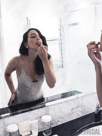 A-line spaghetti straps V-neck Prom Dresses With Train, PD0044