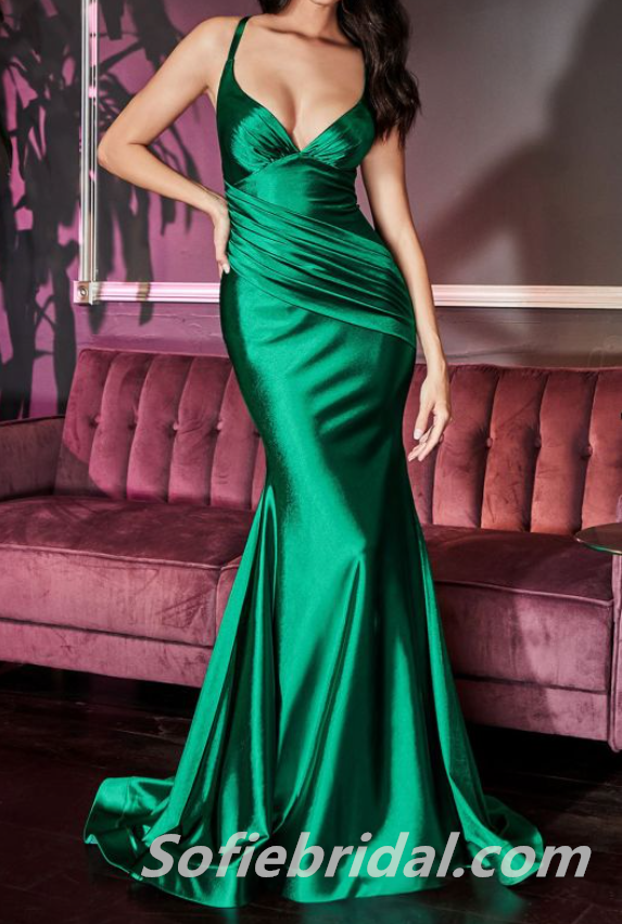 Sexy Soft Satin Strapless V-Neck Criss Cross Mermaid Long Prom Dresses With Pleats,SFPD0224