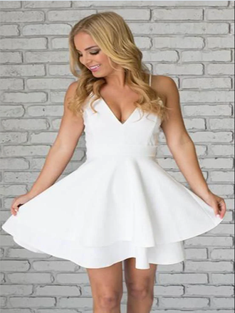 White Chiffon V-Neck Spaghetti Straps A Line Short Mini Homecoming Dresses,HD0212