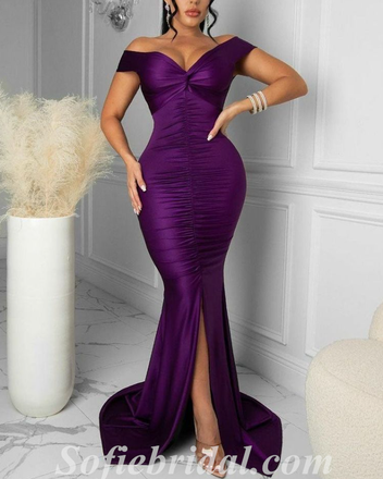 Sexy Purple Satin Off Shoulder V-Neck Sleeveless Side Slit Mermaid Long Prom Dresses,SFPD0458