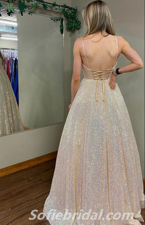 Shiny Sequin Tulle Spaghetti Straps V-Neck Open Back Lace Up A-Line Long Prom Dresses,SFPD0312