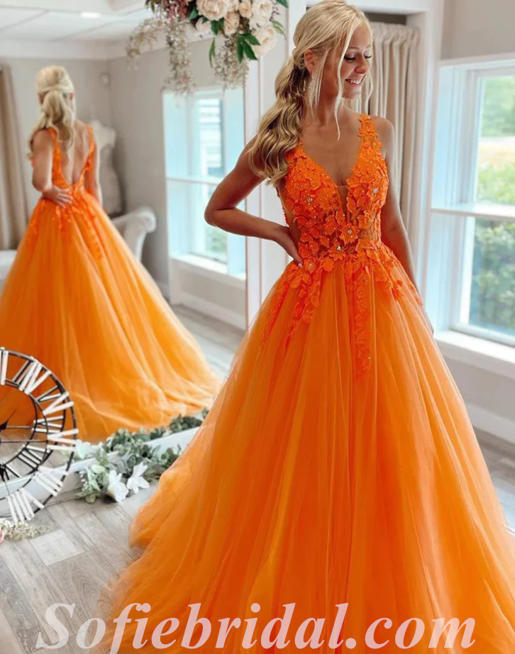 Elegant Orange Tulle Spaghetti Straps V-Neck A-Line Long Prom Dresses With Applique,SFPD0472