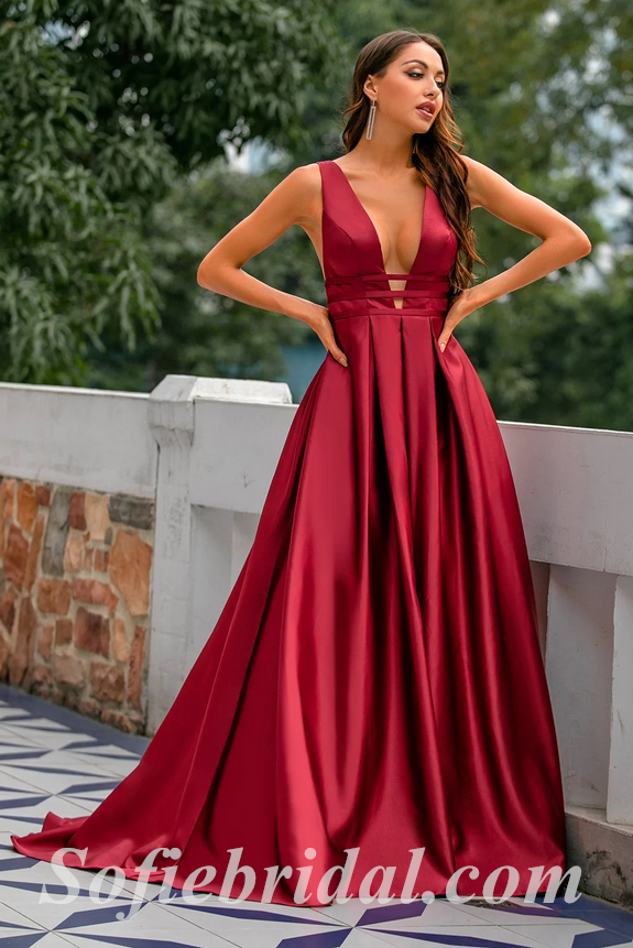 Sexy Burgandy Satin Spaghetti Straps V-Neck Sleeveless Open Back A-Line Long Prom Dresses,SFPD0400