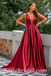 Sexy Burgandy Satin Spaghetti Straps V-Neck Sleeveless Open Back A-Line Long Prom Dresses,SFPD0400