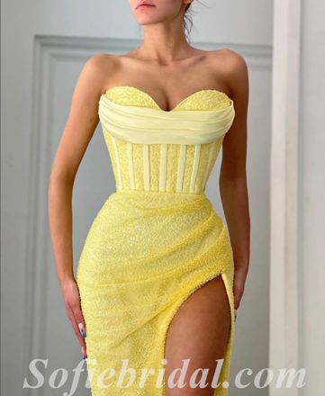 Sexy Yellow Special Tulle Sweetheart Sleeveless Side Slit Mermaid Long Prom Dresses,SFPD0565