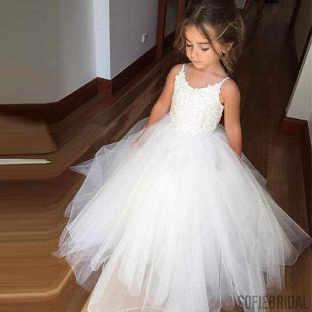 Spaghetti Lace Top Ivory Tulle Hot Sale Flower Girl Dresses For Wedding Party, FG005