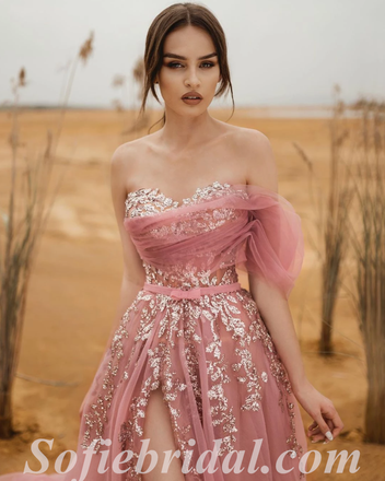 Elegant Tulle One Shoulder Sleeveless Side Slit A-Line Long Prom Dresses With Applique,SFPD0593