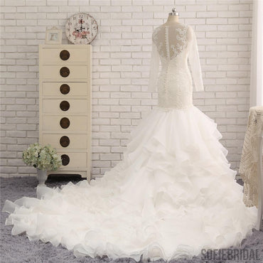 Ivory Long Sleeve See Through Lace Mermaid Chiffon Wedding Dresses, Bridal Gown, WD0242