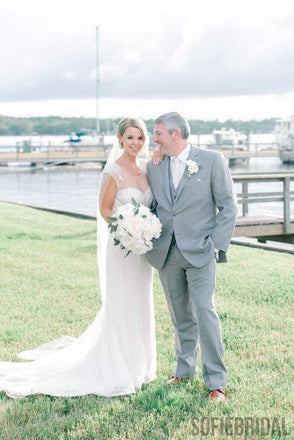 Mermaid Cap Sleeves See-though Open-back Beading Wedding Dresses, WD0476