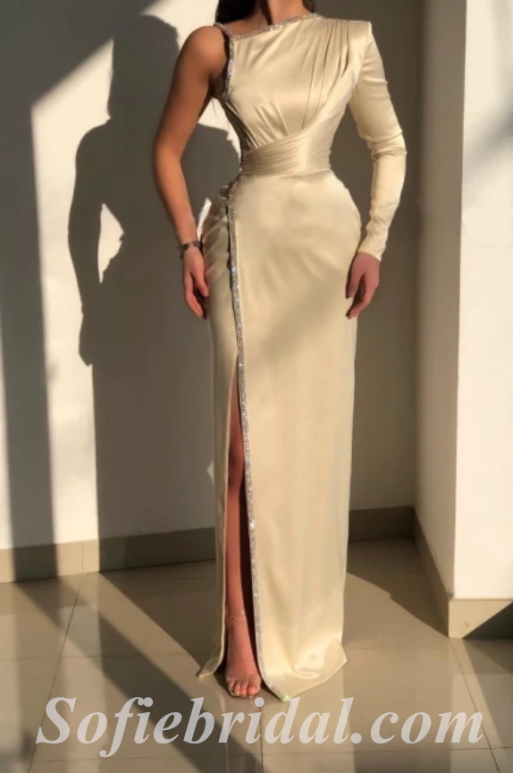 Sexy Satin One Shoulder Long Sleeve Side Slit Mermaid Long Prom Dresses,SFPD0567