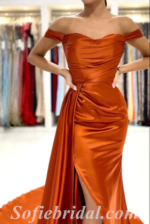 Sexy Burnt-Orange Satin Off Shoulder Side Slit Mermaid Long Prom Dresses With Trailing,SFPD0480