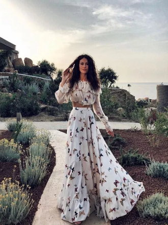 Sexy Two Pieces Off Shoulder Butterflies Floral Printed Maxi Dress Prom Dresses,SFPD0190