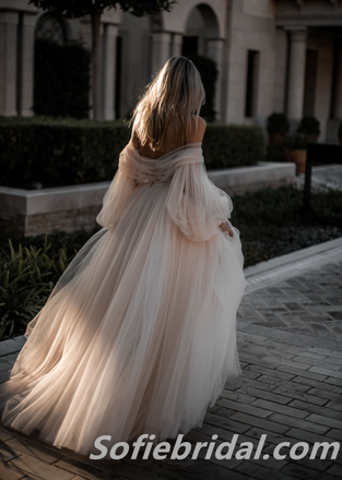 Sexy Tulle Off Shoulder Long Sleeve A-Line Long Wedding Dresses With Beading,SFWD0068