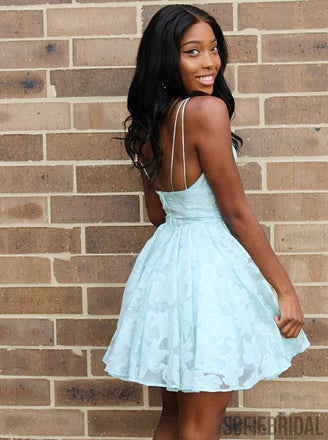 Spaghetti Straps V-neck Backless Lace Homecoming Dresses, HD0114