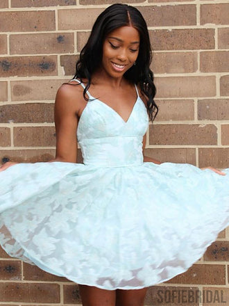 Spaghetti Straps V-neck Backless Lace Homecoming Dresses, HD0114