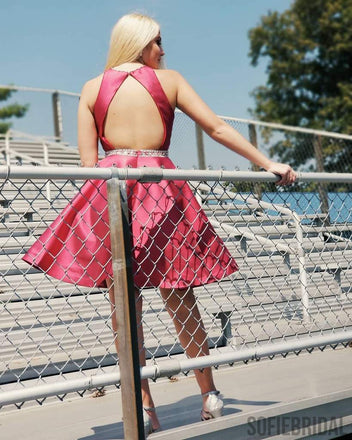 Halter Sleeveless Open-back Beading Short Satin Homecoming Dress, HD0137