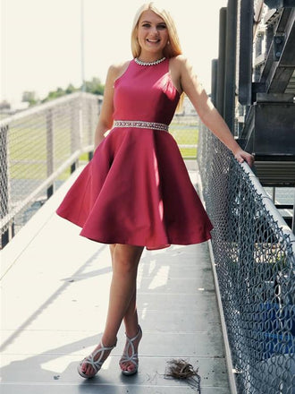 Halter Sleeveless Open-back Beading Short Satin Homecoming Dress, HD0137