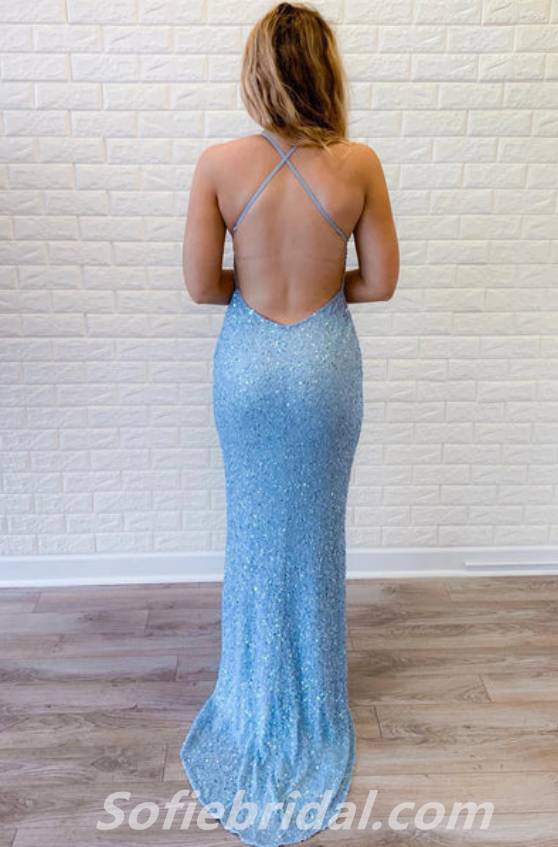 Blue Sequin V Neck Backless Mermaid Long Prom Dresses/Formal Graduation Evening Dresses,SFPD0282