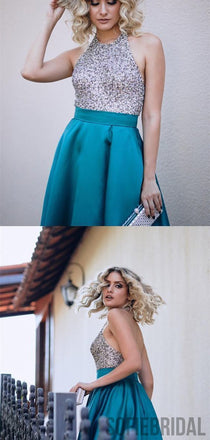Halter Beaded Long A-line Satin Prom Dresses, PD0874