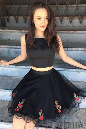 Cute Simple Two Piece Black Lace Cheap Homecoming Dresses 2018, CM416