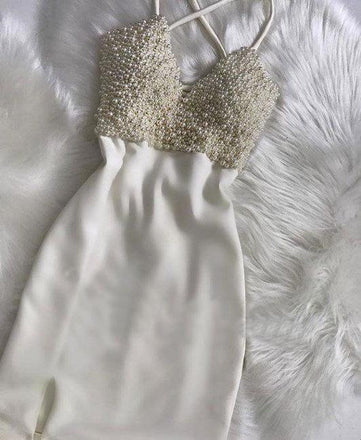 Ivory Spaghetti Rhinestone Homecoming Dresses, Mermaid Homecoming Dresses, Cheap Homecoming Dresses, SF0108