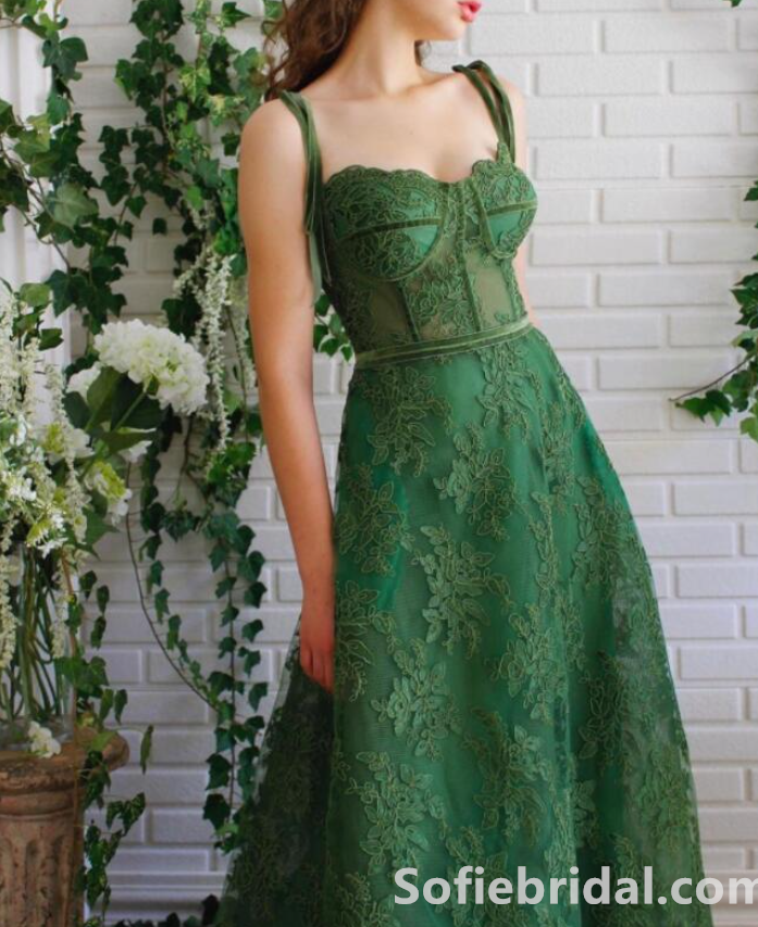 Elegant And Cute Green Lace Spaghetti Straps Square Neck A-Line Long Prom Dress,SFPD0205