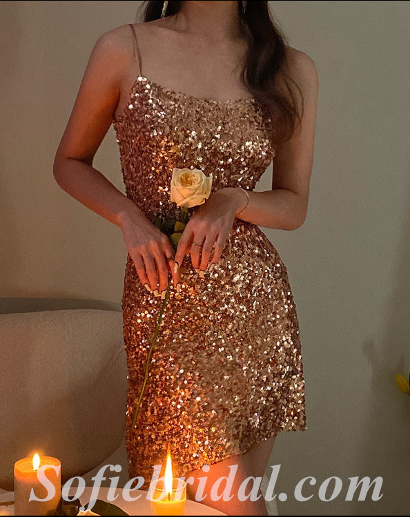 Sexy Charming Sequin Spaghetti Straps Sleeveless Sheath Midi Length Prom Dresses/Homecoming Dresses,SFPD0526