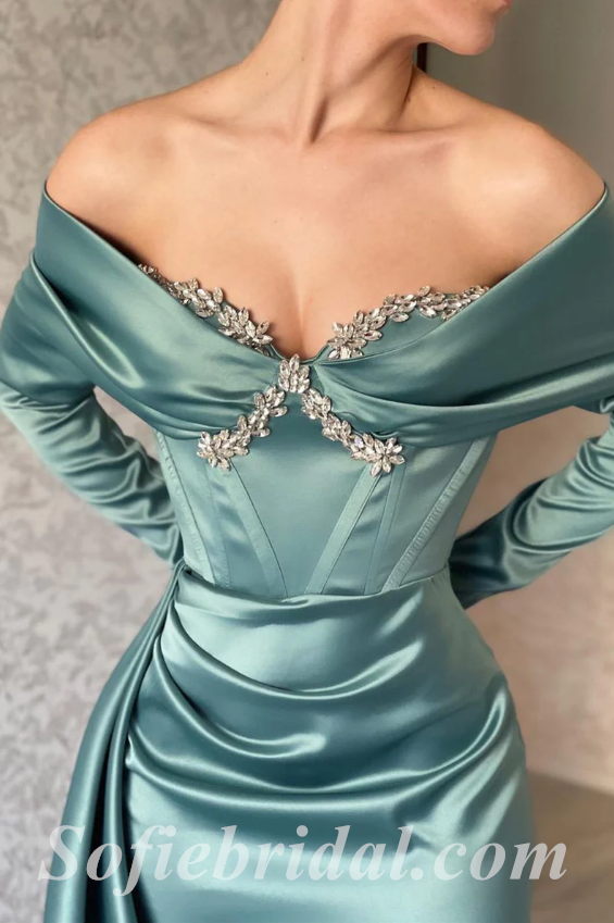 Sexy Satin Off Shoulder Long Sleeve V-Neck Sleeveless Mermaid Long Prom Dresses With Train,SFPD0403