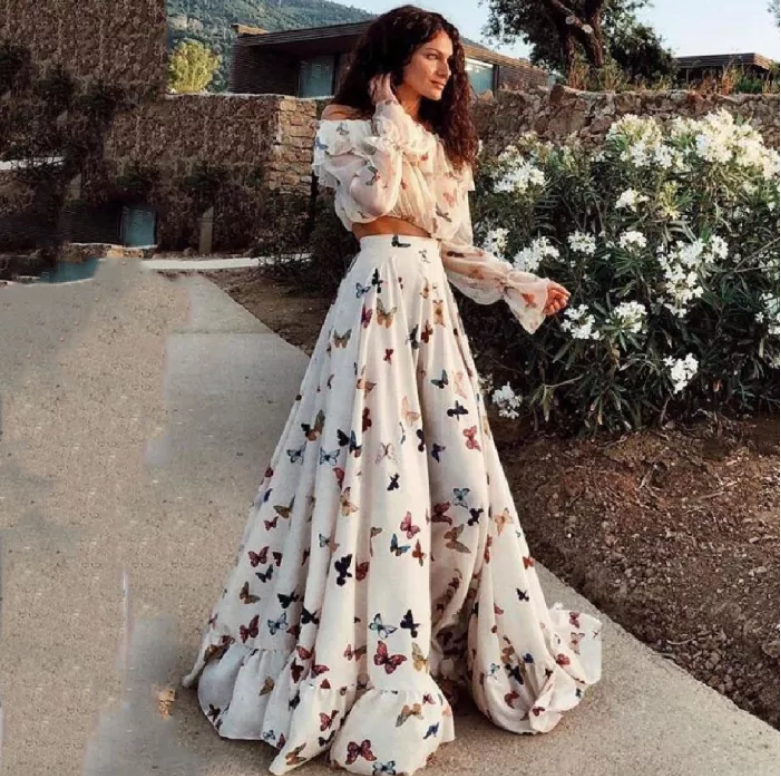 Sexy Two Pieces Off Shoulder Butterflies Floral Printed Maxi Dress Prom Dresses,SFPD0190