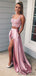 2 Pieces Pink Lace Satin Side Slit Long Prom Dresses, PD0840
