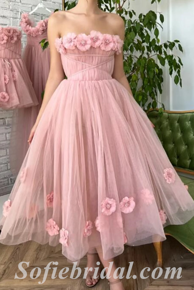 Elegant Pink Tulle Sweetheart Sleeveless A-Line Short Prom Dresses With Applique,SFPD0540