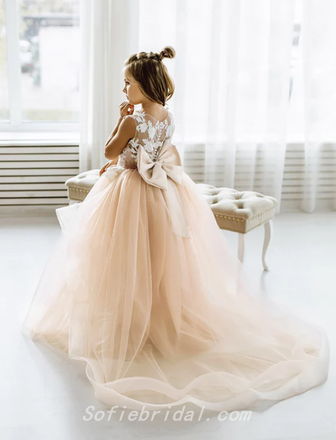 Cute Elegant Spaghetti Straps Lace Tulle A-Line Flower Girl Dresses, FGS0032