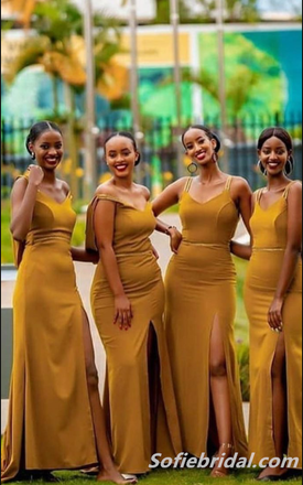 Mismatched Spaghetti Straps Side Slit Floor Length Mermaid Bridesmaid Dresses, SFWG00440